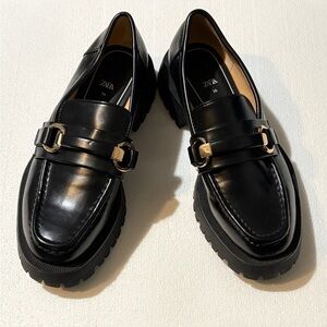 Zara Glossy Black Loafers with Gold Buckles
